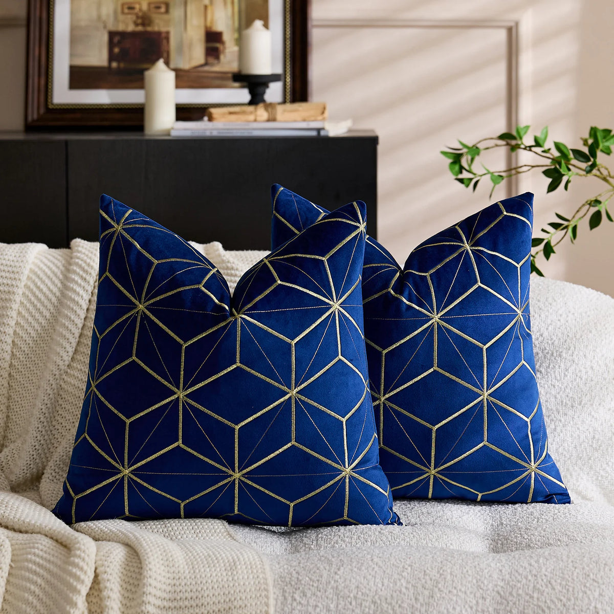 Throw Pillow Cover Plush Velvet Metallic Embroidery Hidden Zipper
