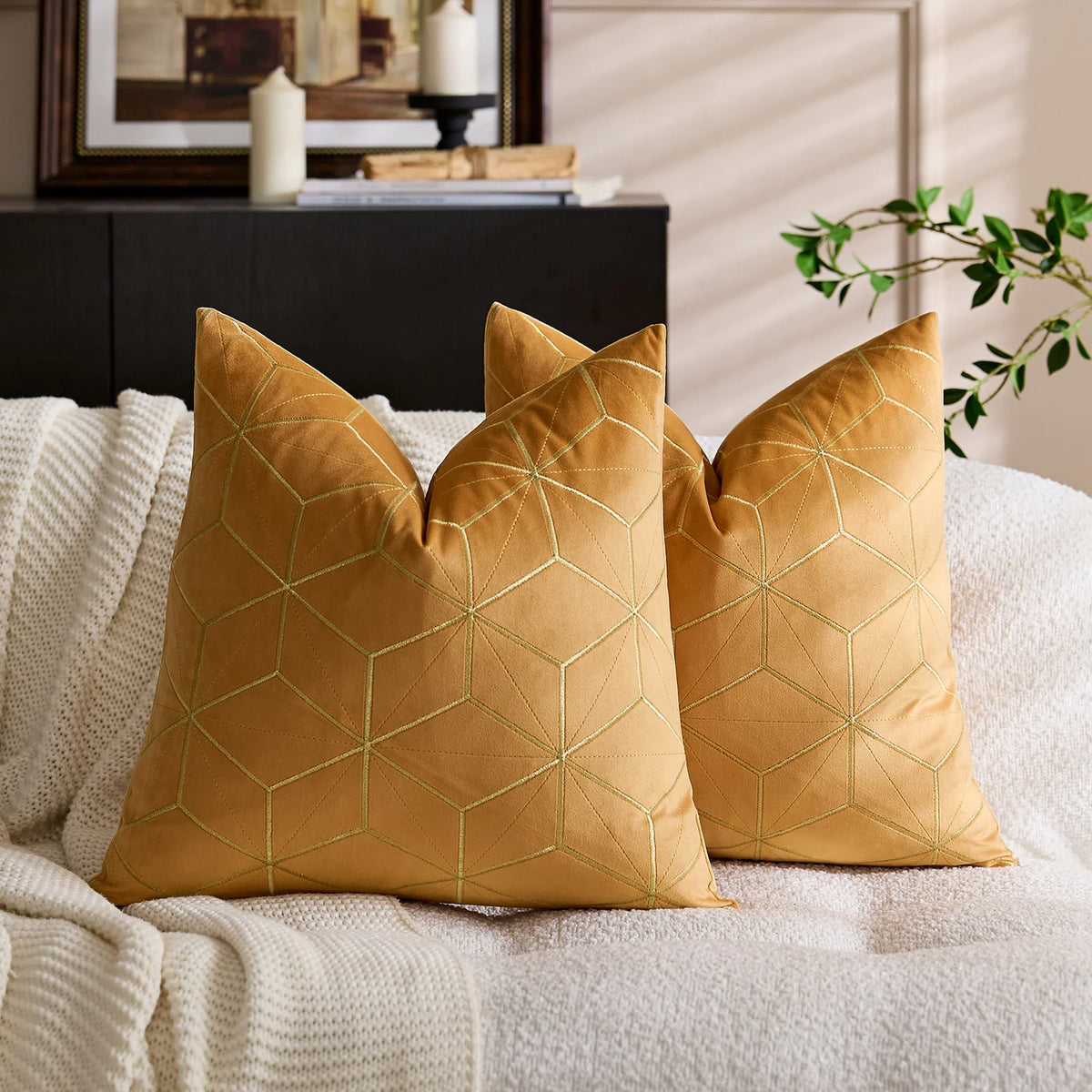 Throw Pillow Cover Plush Velvet Metallic Embroidery Hidden Zipper