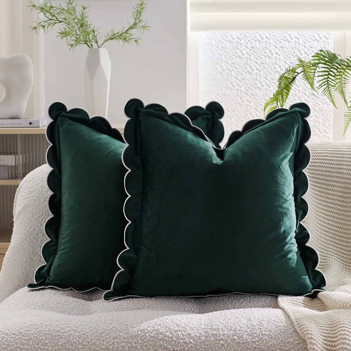 Throw Pillow Cover Plush Velvet Scalloped Trim Hidden Zipper