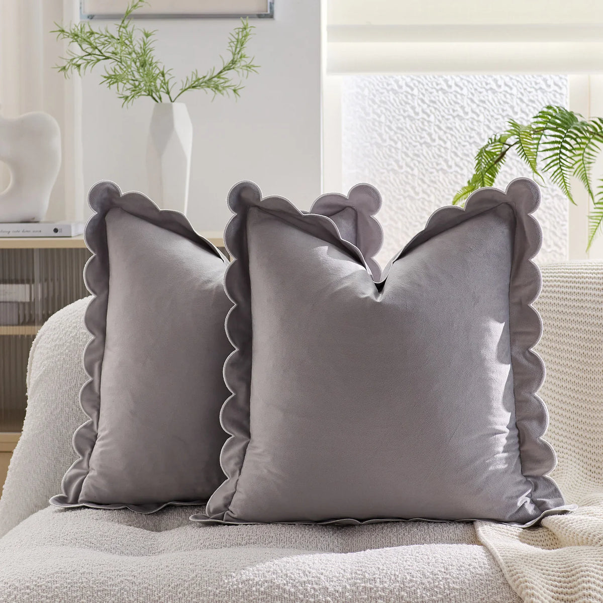 Throw Pillow Cover Plush Velvet Scalloped Trim Hidden Zipper