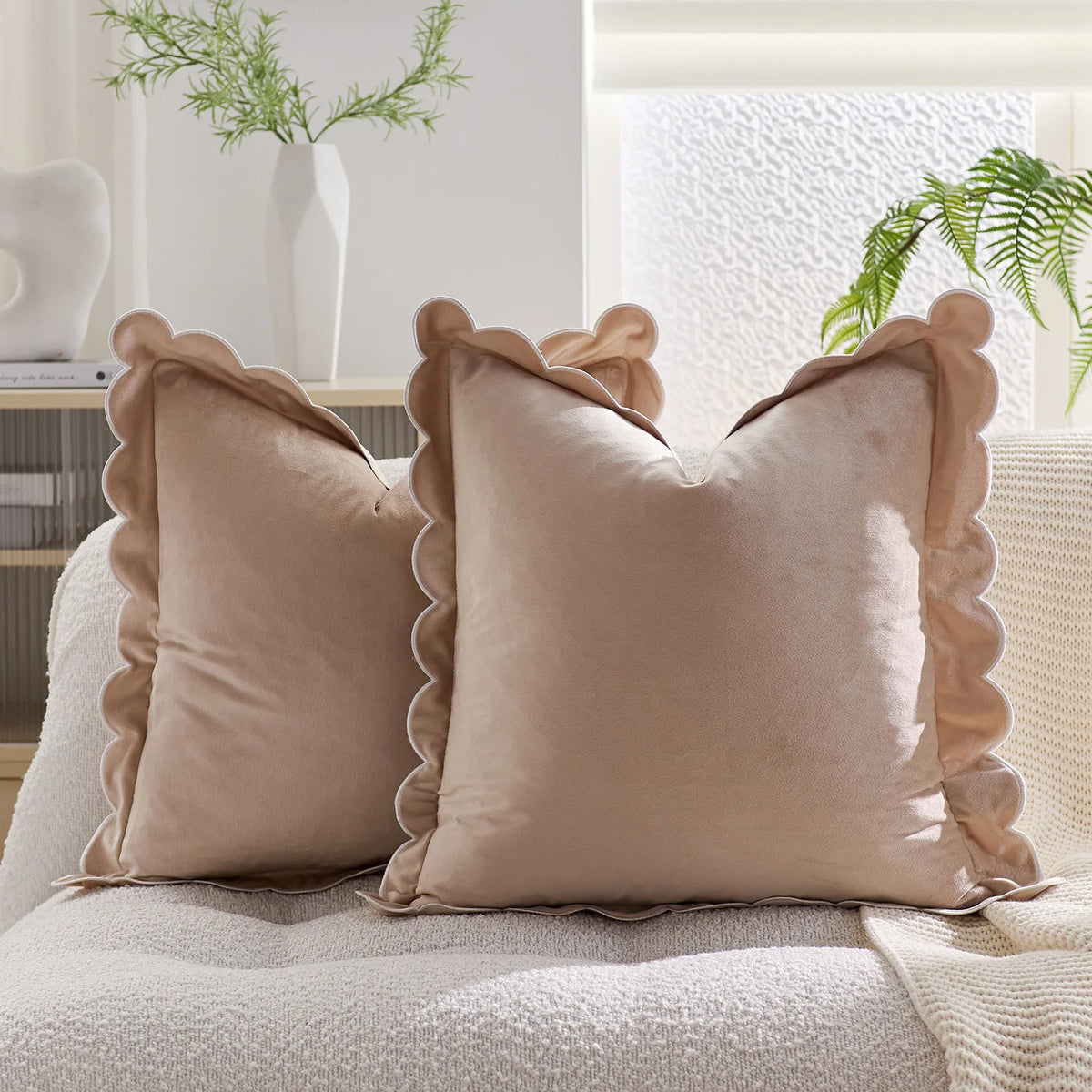 Throw Pillow Cover Plush Velvet Scalloped Trim Hidden Zipper
