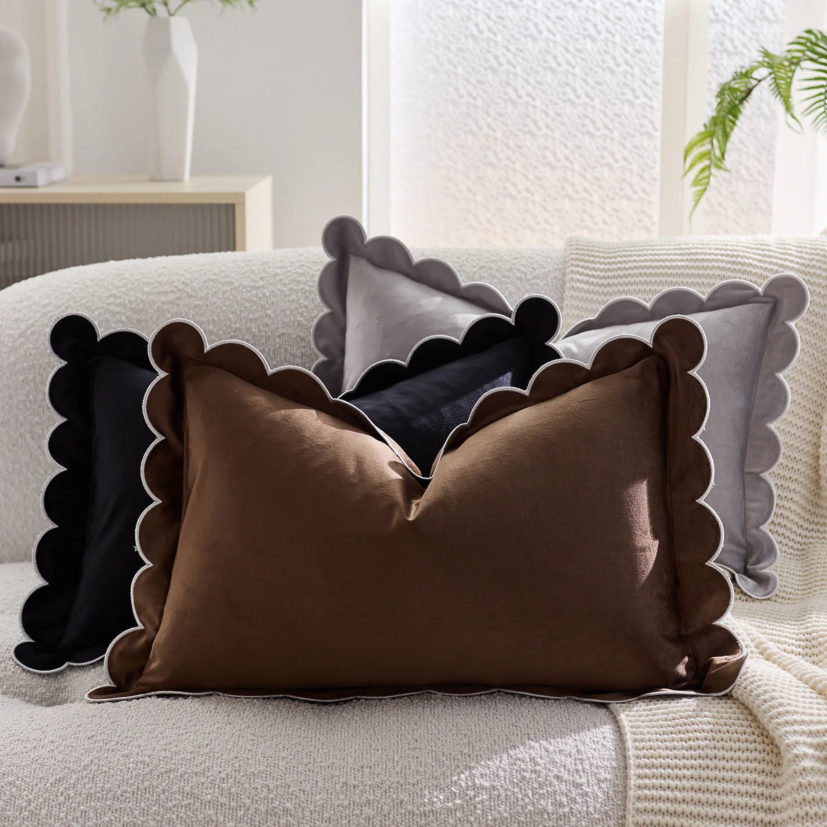 Throw Pillow Cover Plush Velvet Scalloped Trim Hidden Zipper