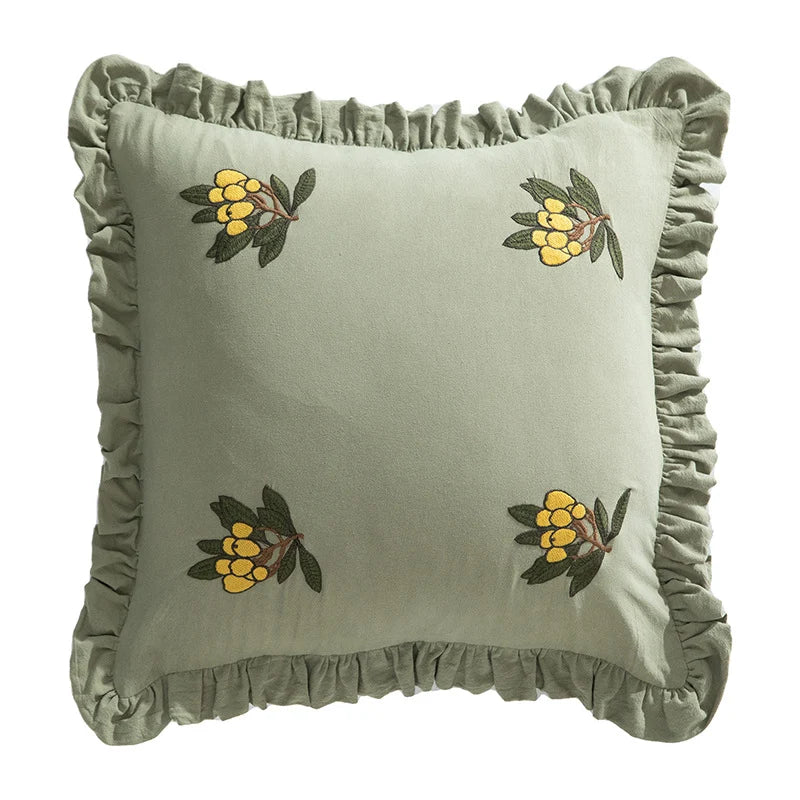 Throw Pillow Cover Ruffled Edge Embroidered Floral Removable Zipper