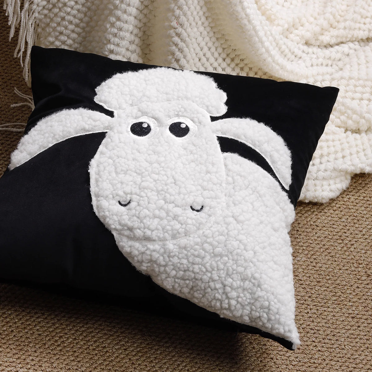 Throw Pillow Cover Sherpa Applique Woven Fabric Hidden Zipper