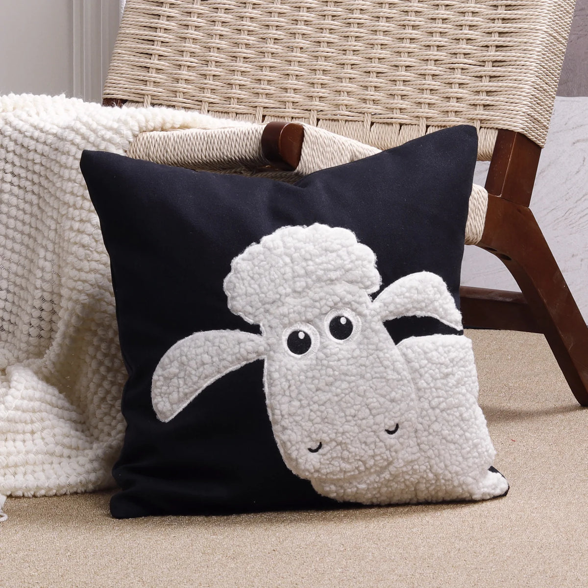 Throw Pillow Cover Sherpa Applique Woven Fabric Hidden Zipper