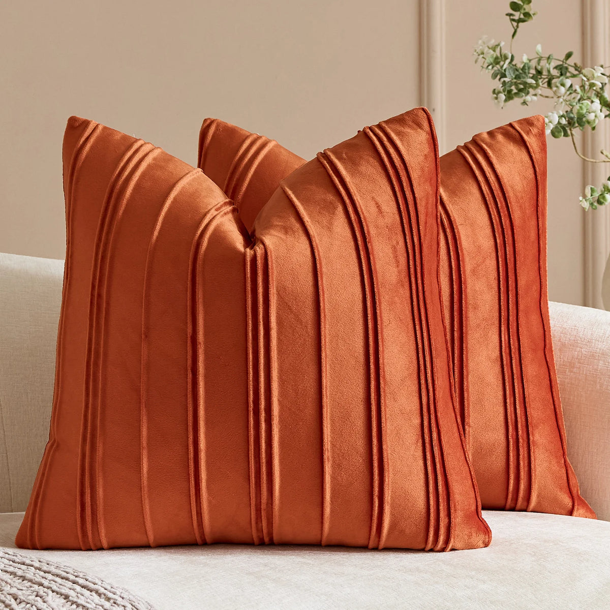 Throw Pillow Cover Soft-Touch Velvet Pintuck Pleats Hidden Zipper