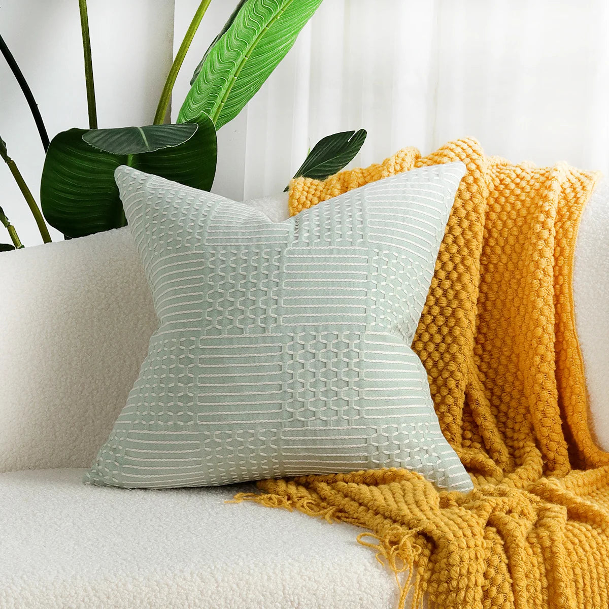 Throw Pillow Cover Stitched Geometric Cotton-Linen Hidden Zipper