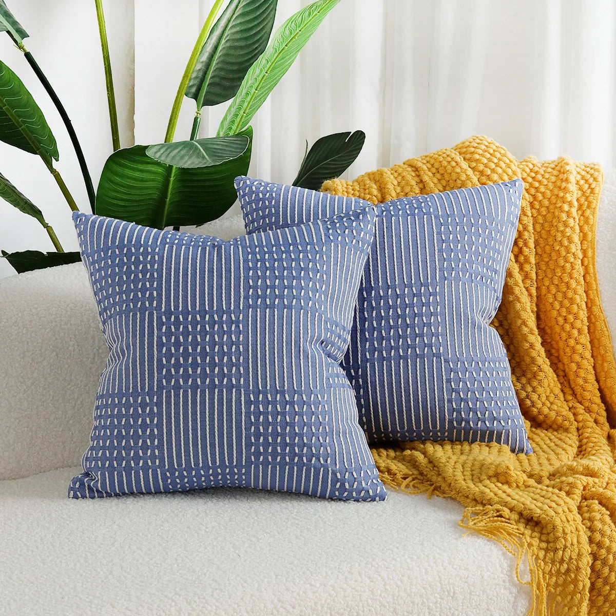 Throw Pillow Cover Stitched Geometric Cotton-Linen Hidden Zipper
