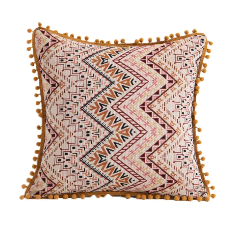 Throw Pillow Cover Tapestry Patchwork Pom-Pom Tassels Hidden Zipper