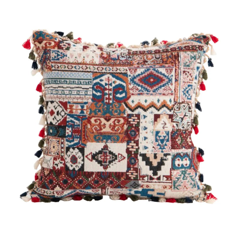 Throw Pillow Cover Tapestry Patchwork Pom-Pom Tassels Hidden Zipper