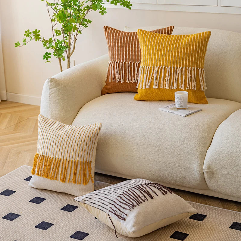 Throw Pillow Cover Textured Woven Fringe Cotton-Blend