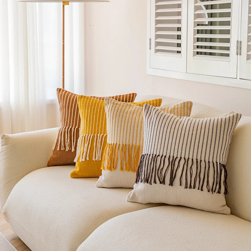 Throw Pillow Cover Textured Woven Fringe Cotton-Blend
