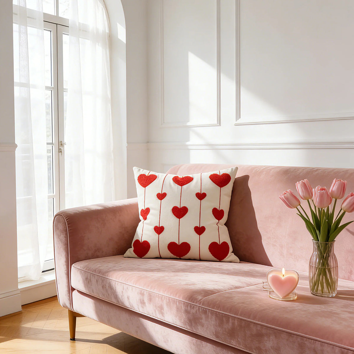 Throw Pillow Cover Tufted Chenille Hearts Cotton-Linen Hidden Zipper