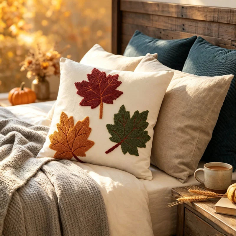 Throw Pillow Cover Tufted Chenille Leaf Woven Canvas