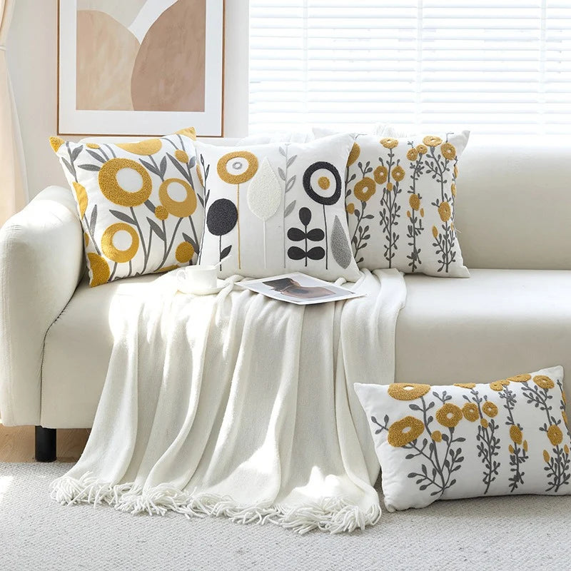 Throw Pillow Cover Tufted Floral Embroidery Cotton-Blend