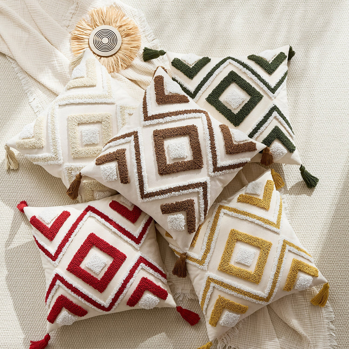 Throw Pillow Cover Tufted Geometric Tassels Hidden Zipper