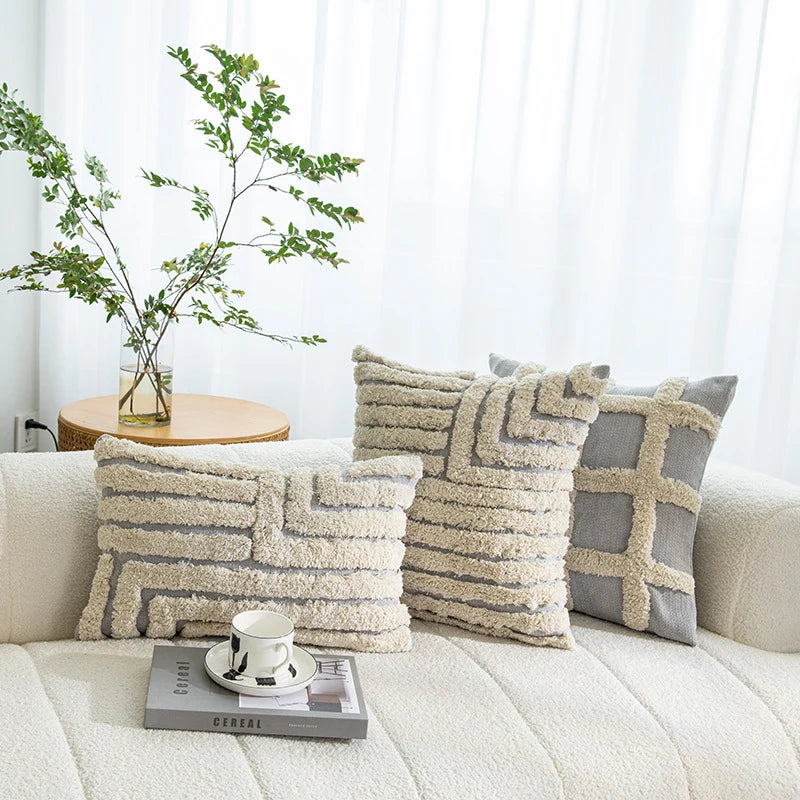 Throw Pillow Cover Tufted Shaggy Lattice Linen-Look Hidden Zipper