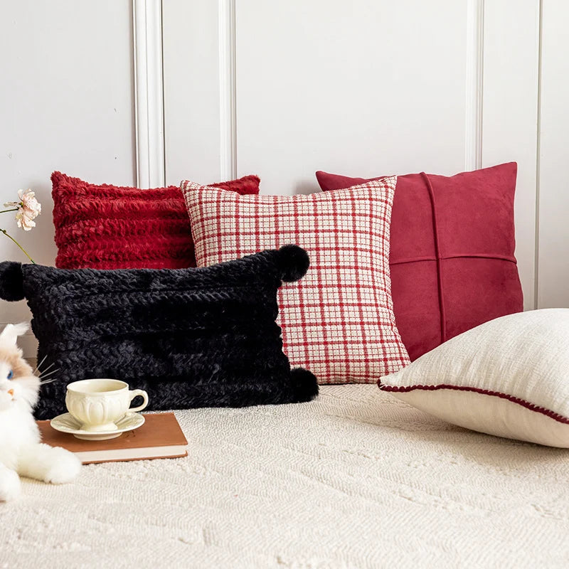 Throw Pillow Cover Woven Plaid Cotton-Linen Hidden Zipper