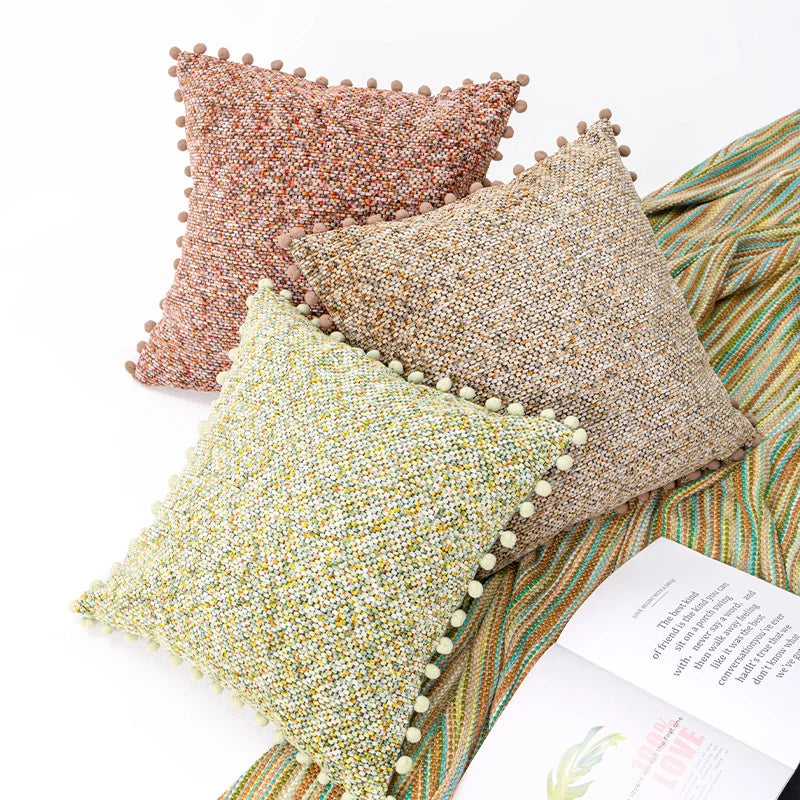 Throw Pillow Covers Bouclé Texture & Pom-Pom Trim