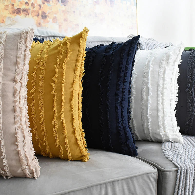Throw Pillow Covers Fringed Cotton-Linen Hidden Zipper Pair