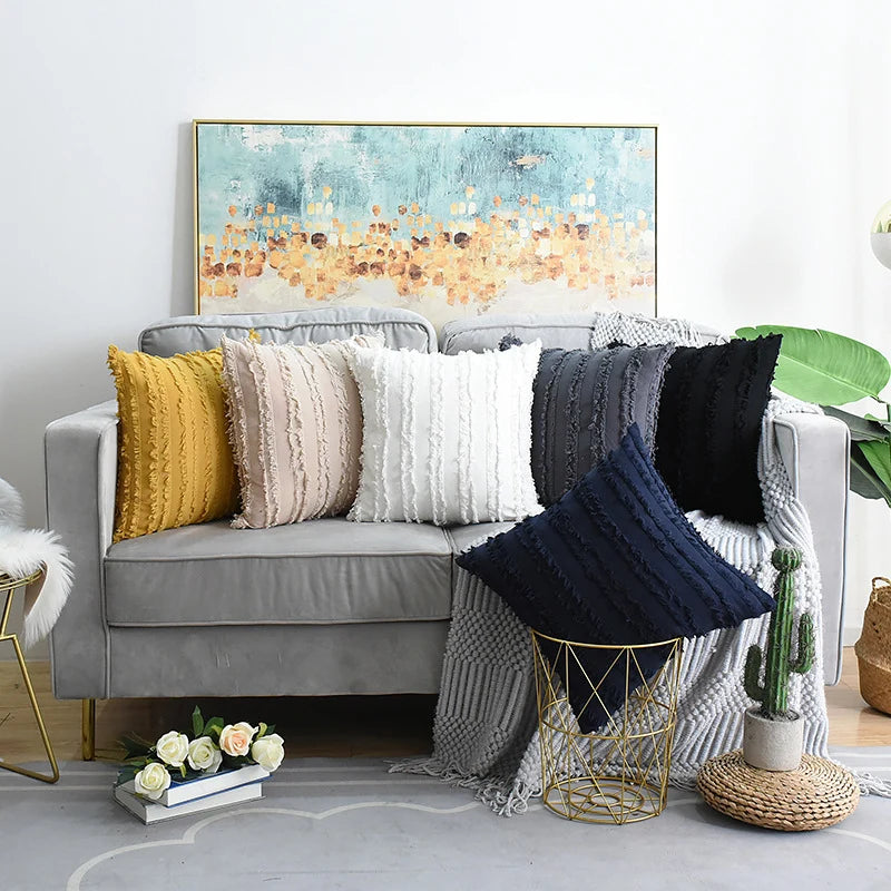Throw Pillow Covers Fringed Cotton-Linen Hidden Zipper Pair
