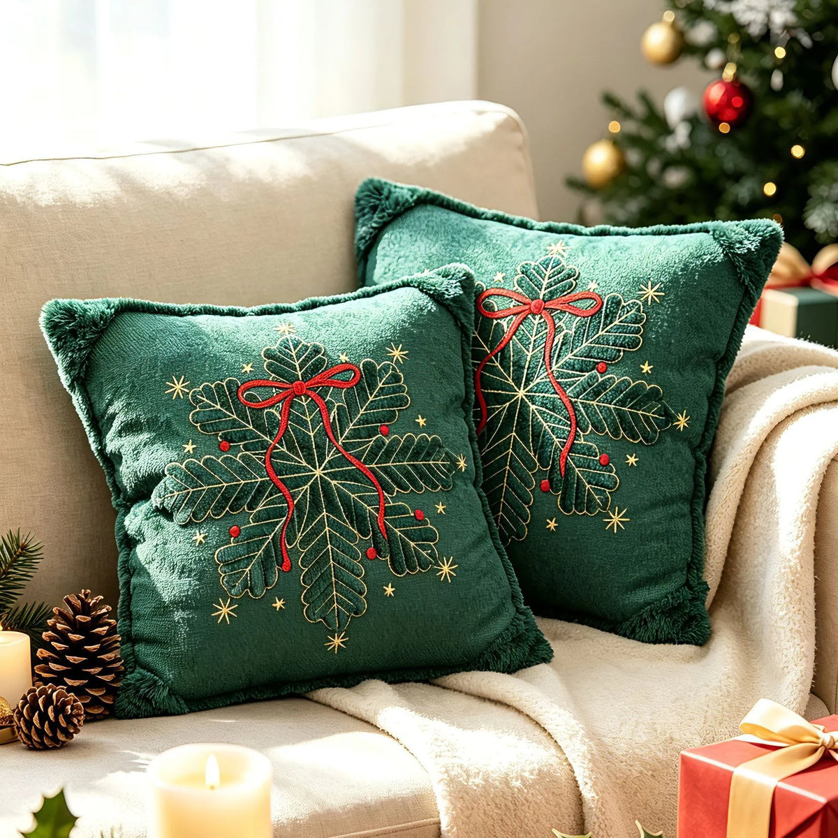 Throw Pillow Embroidered Velvet Faux-Fur Fringe