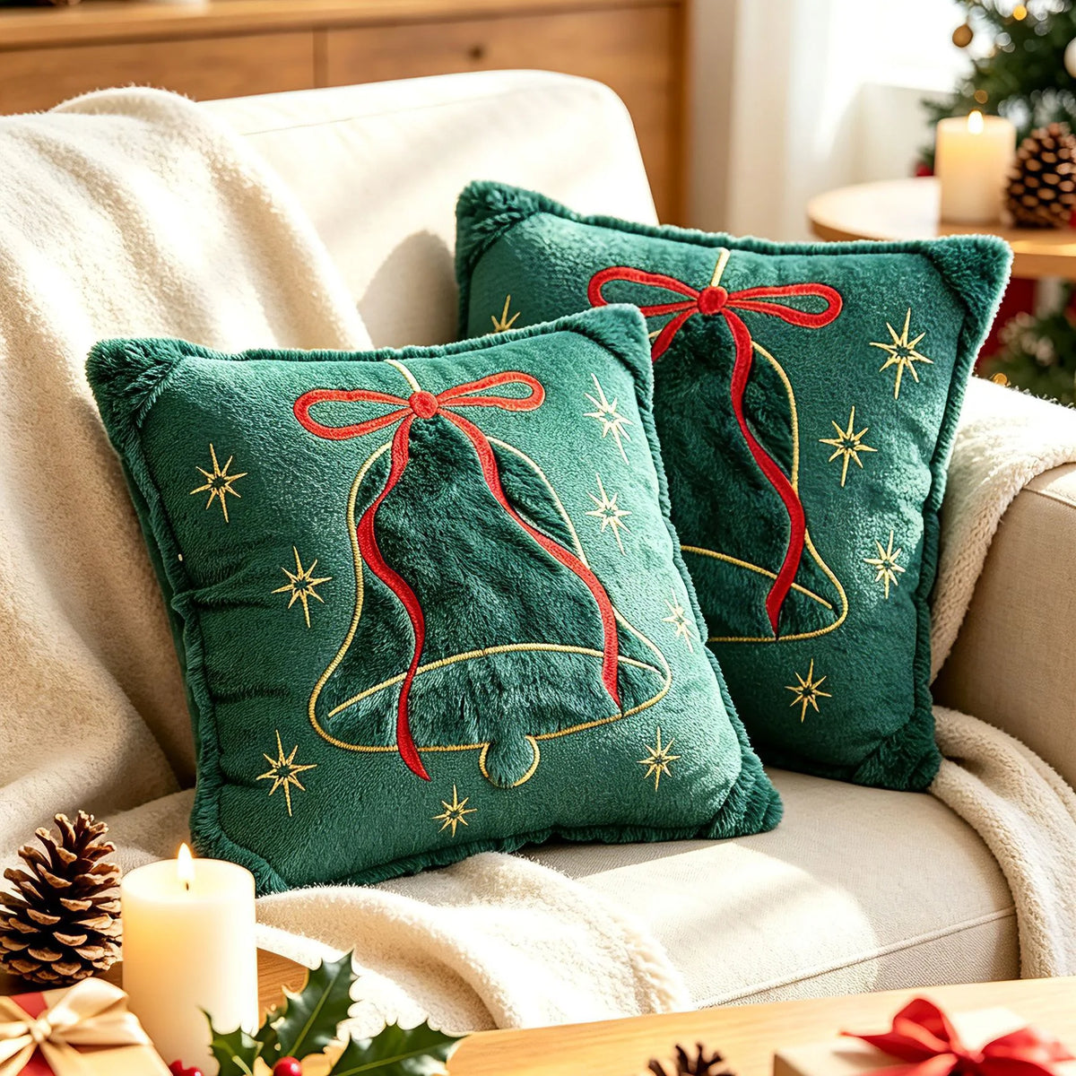 Throw Pillow Embroidered Velvet Faux-Fur Fringe