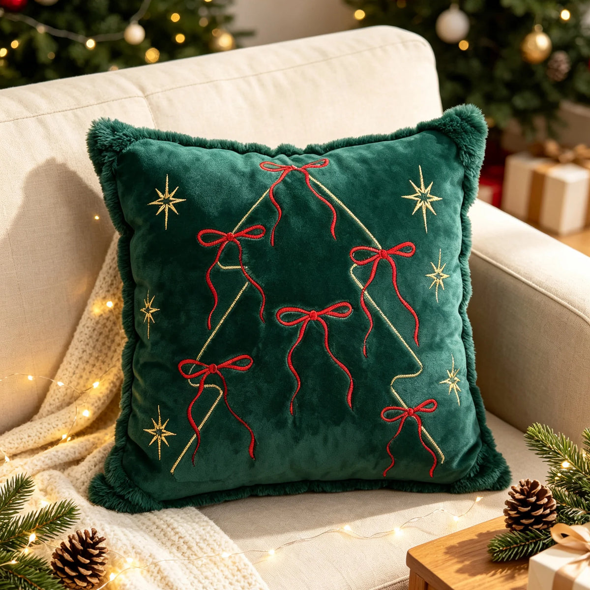 Throw Pillow Embroidered Velvet Faux-Fur Fringe