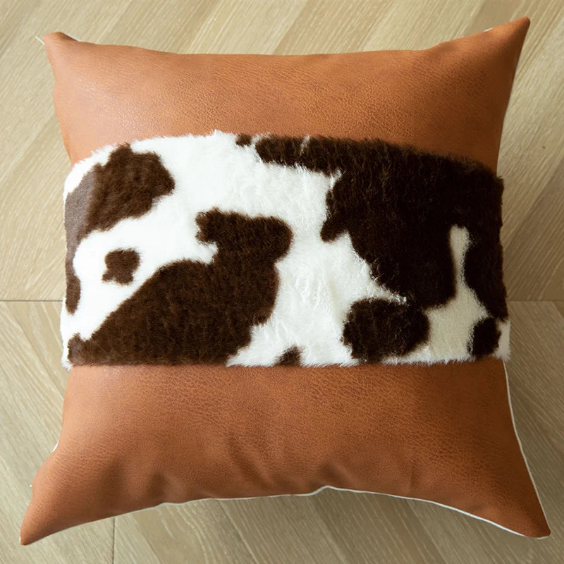 Throw Pillow Faux Cowhide Fur & Vegan Leather