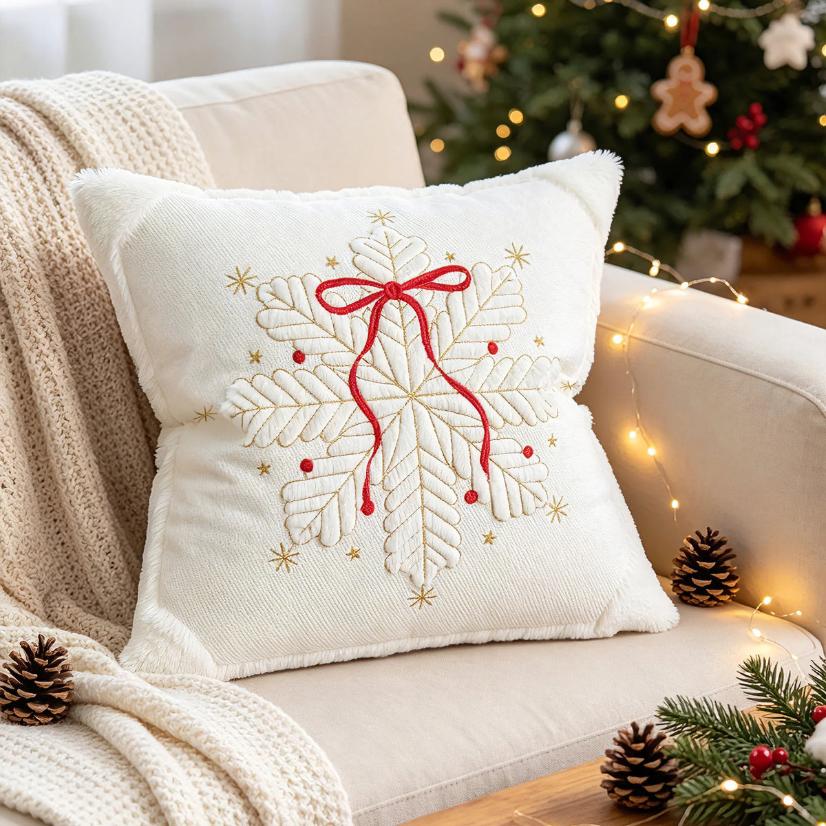 Throw Pillow Faux-Fur Gold-Thread Snowflake Machine Washable