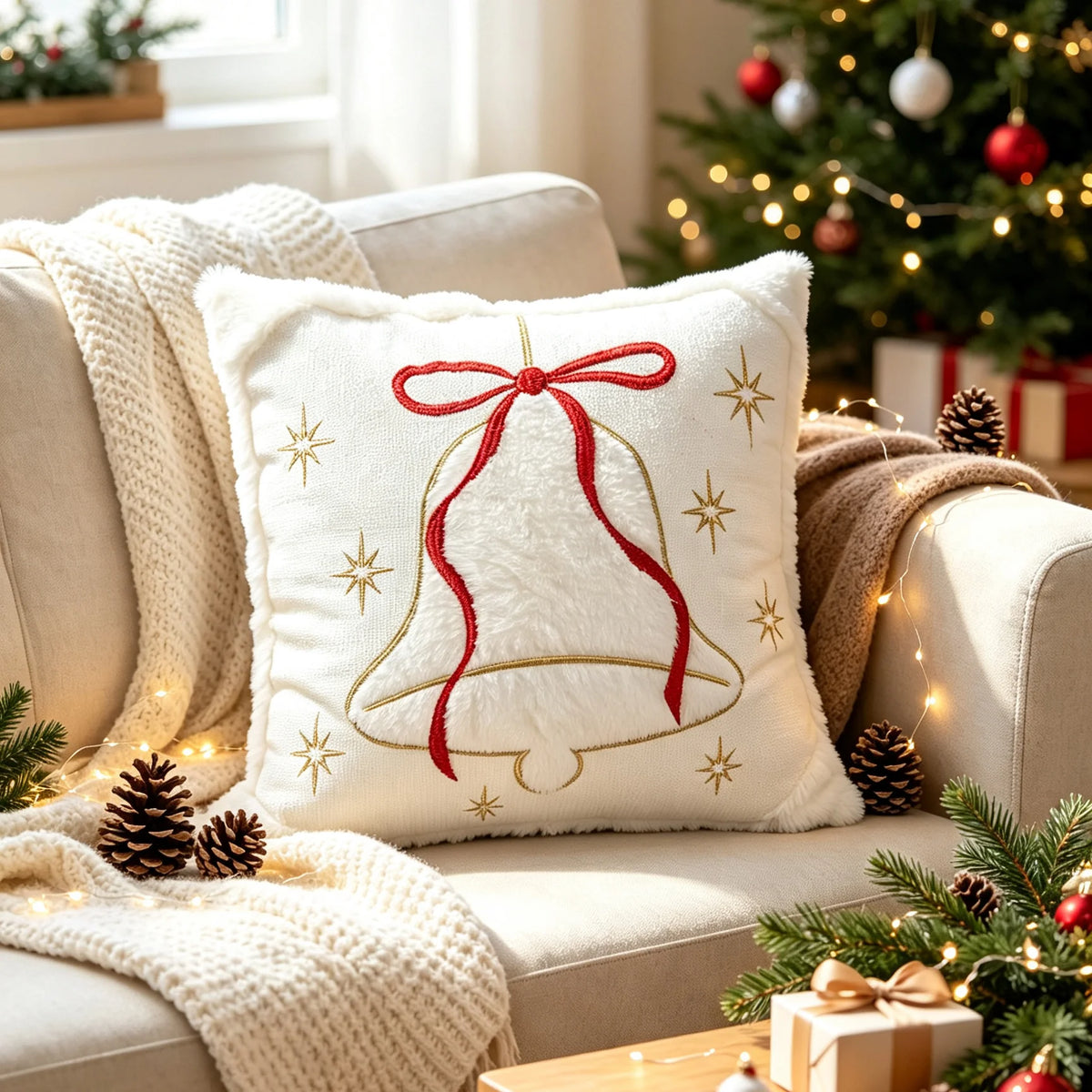 Throw Pillow Faux-Fur Gold-Thread Snowflake Machine Washable