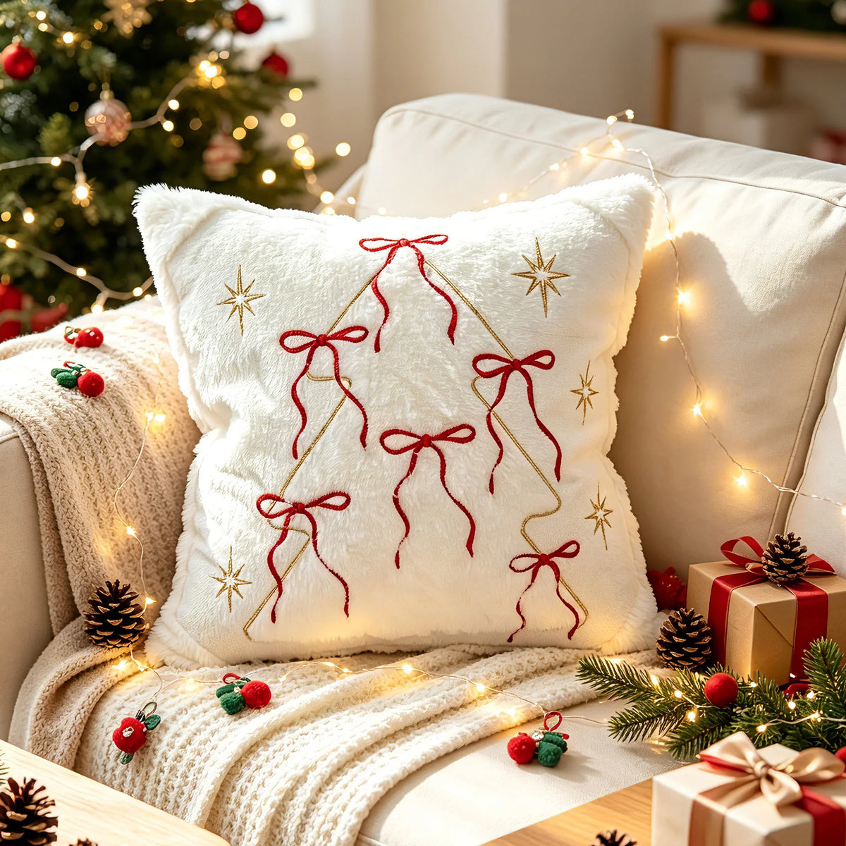 Throw Pillow Faux-Fur Gold-Thread Snowflake Machine Washable