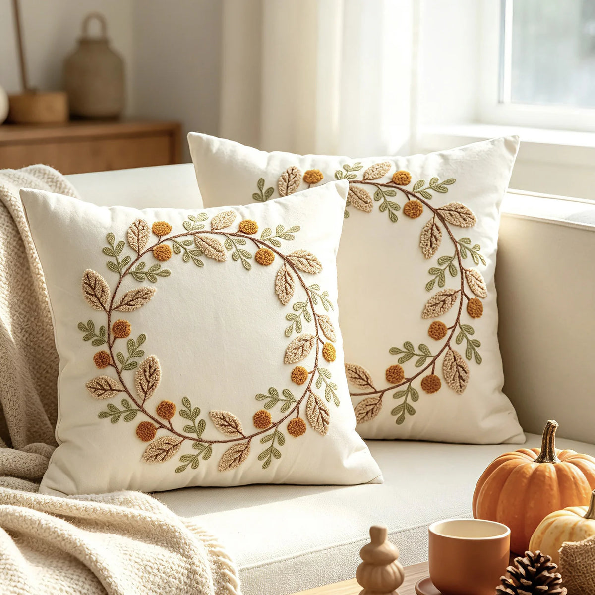 Throw Pillow Hand Embroidered Pom Accents Removable Cover