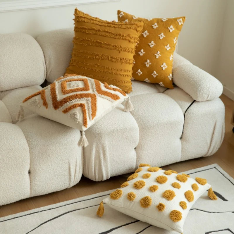 Throw Pillow Handcrafted Pom-Pom Tufted & Tassel Corners