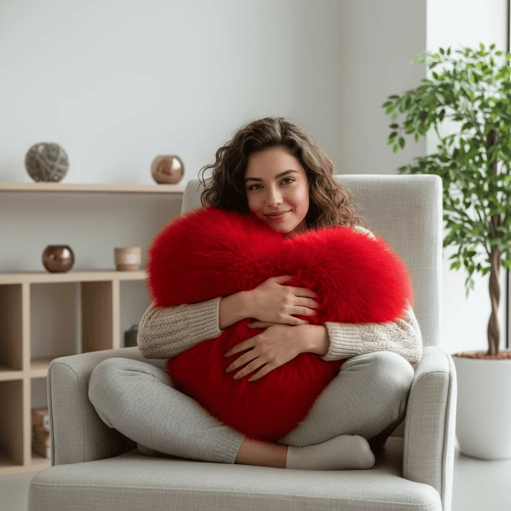 Throw Pillow Heart-Shaped Plush Faux Fur Machine Washable