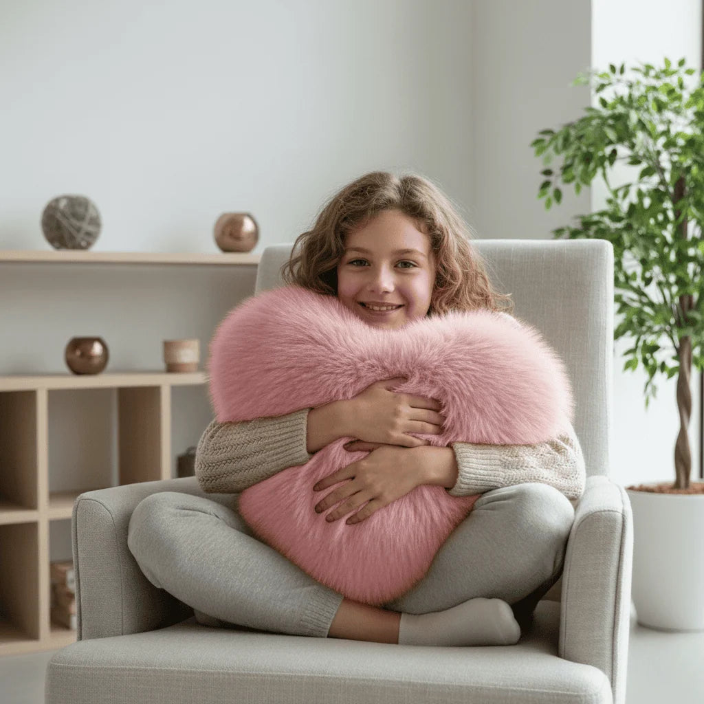 Throw Pillow Heart-Shaped Plush Faux Fur Machine Washable