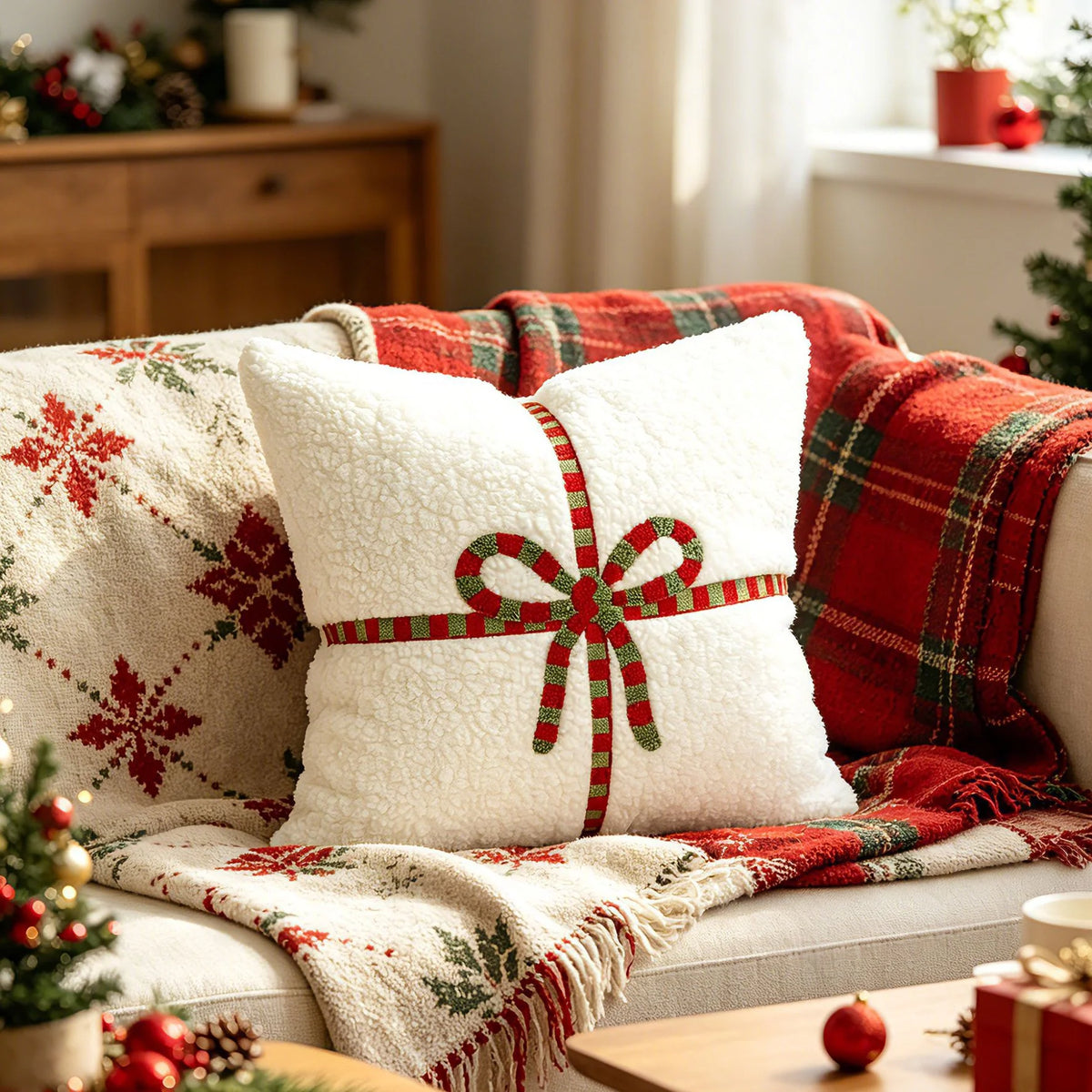Throw Pillow High-Pile Polyester Embroidered Bow Removable Cover