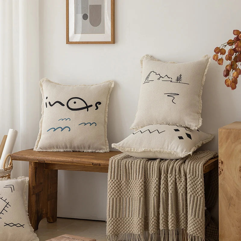 Throw Pillow Linen-Blend Embroidered Coastal 18 Inch