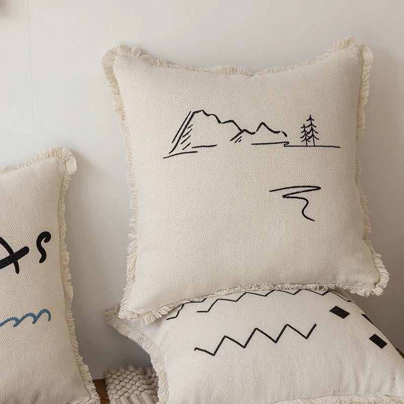 Throw Pillow Linen-Blend Embroidered Coastal 18 Inch