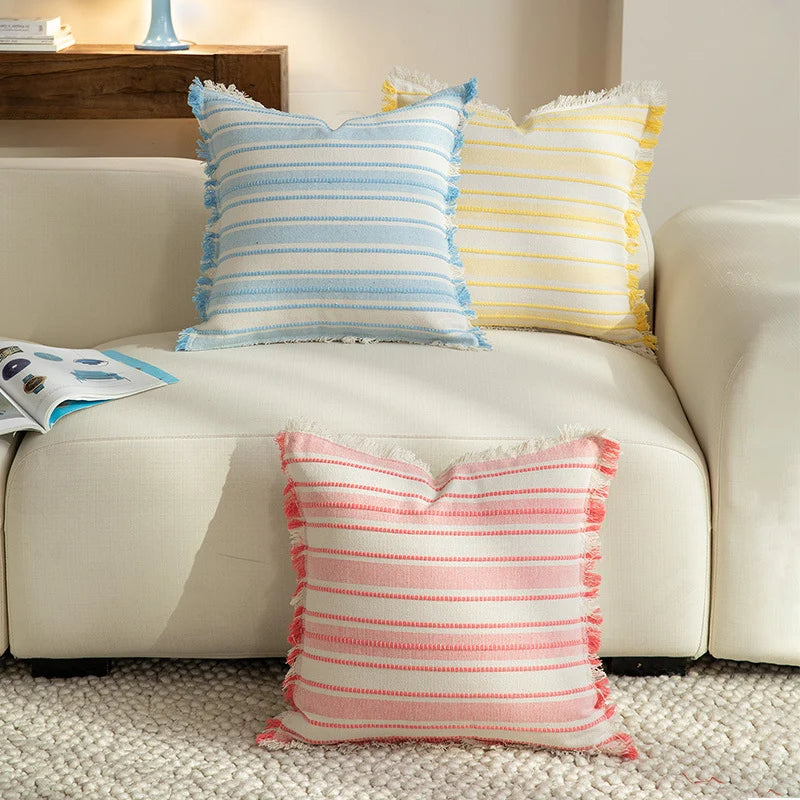 Throw Pillow Linen-Look Striped Fringed