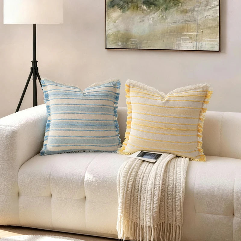 Throw Pillow Linen-Look Striped Fringed