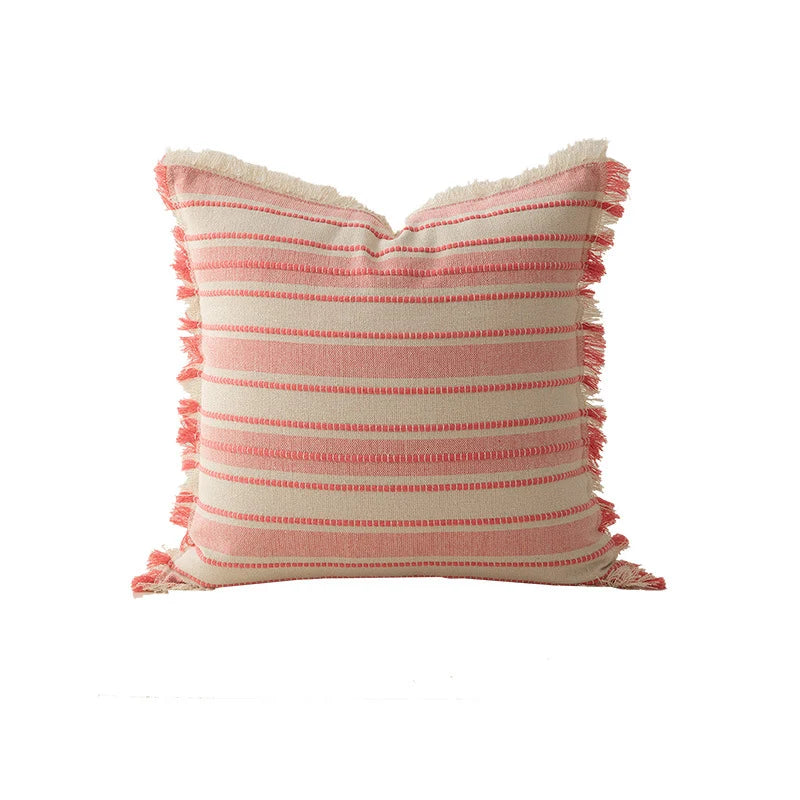 Throw Pillow Linen-Look Striped Fringed