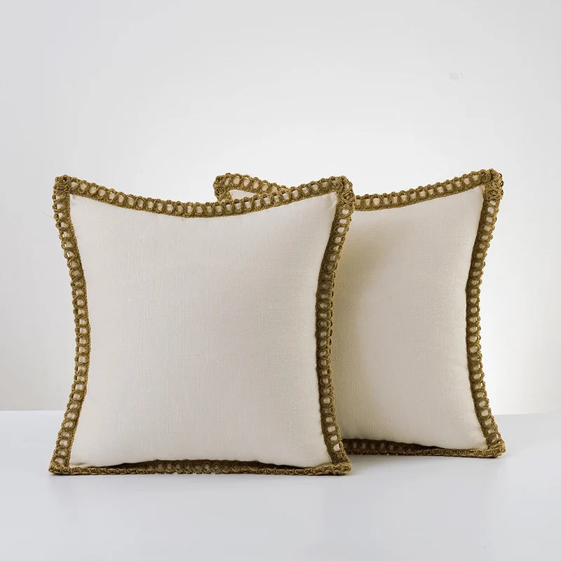 Throw Pillow Pair Linen-Look Braided Fringe Plush Fill