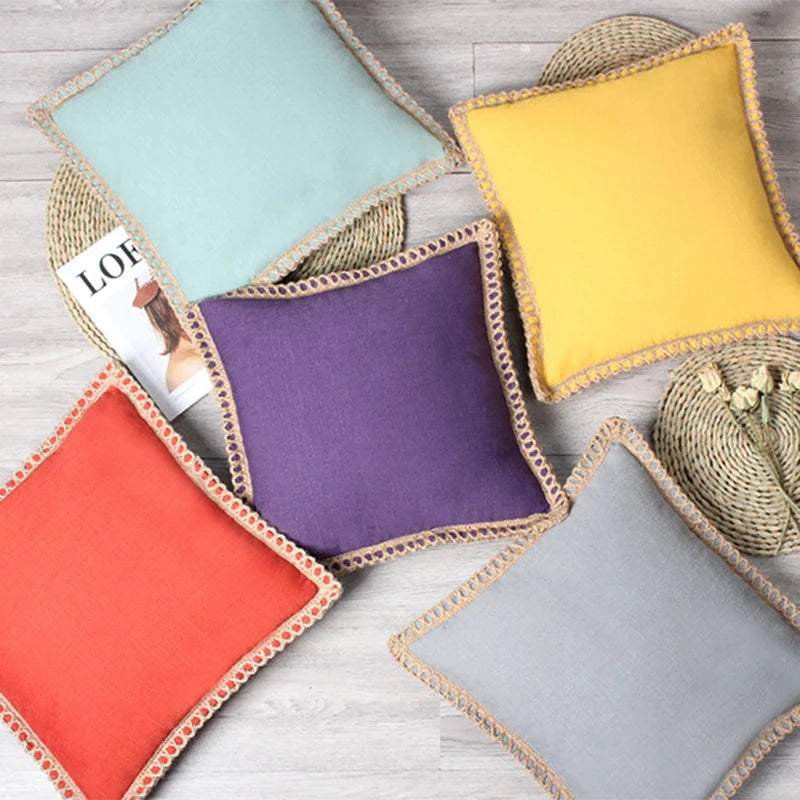 Throw Pillow Pair Linen-Look Braided Fringe Plush Fill