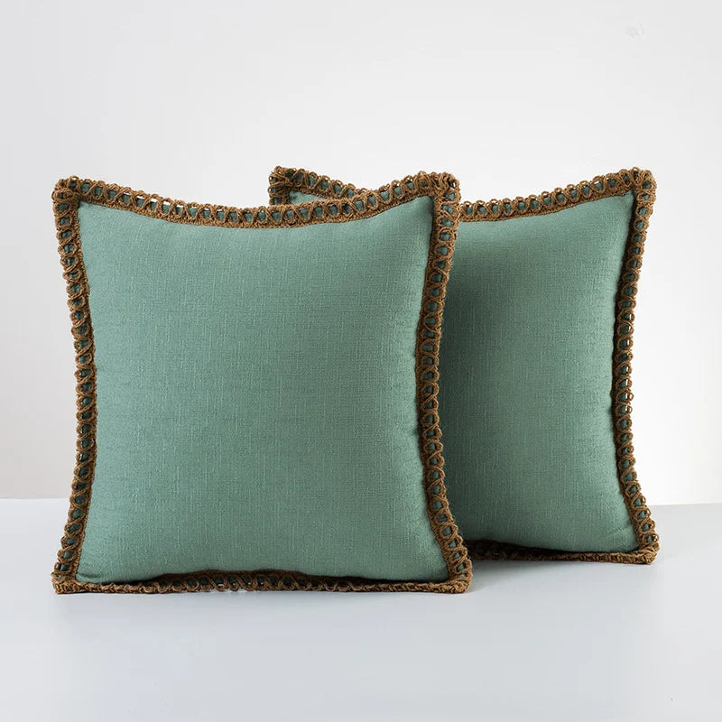 Throw Pillow Pair Linen-Look Braided Fringe Plush Fill