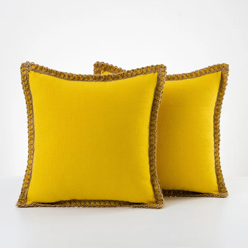 Throw Pillow Pair Linen-Look Braided Fringe Plush Fill