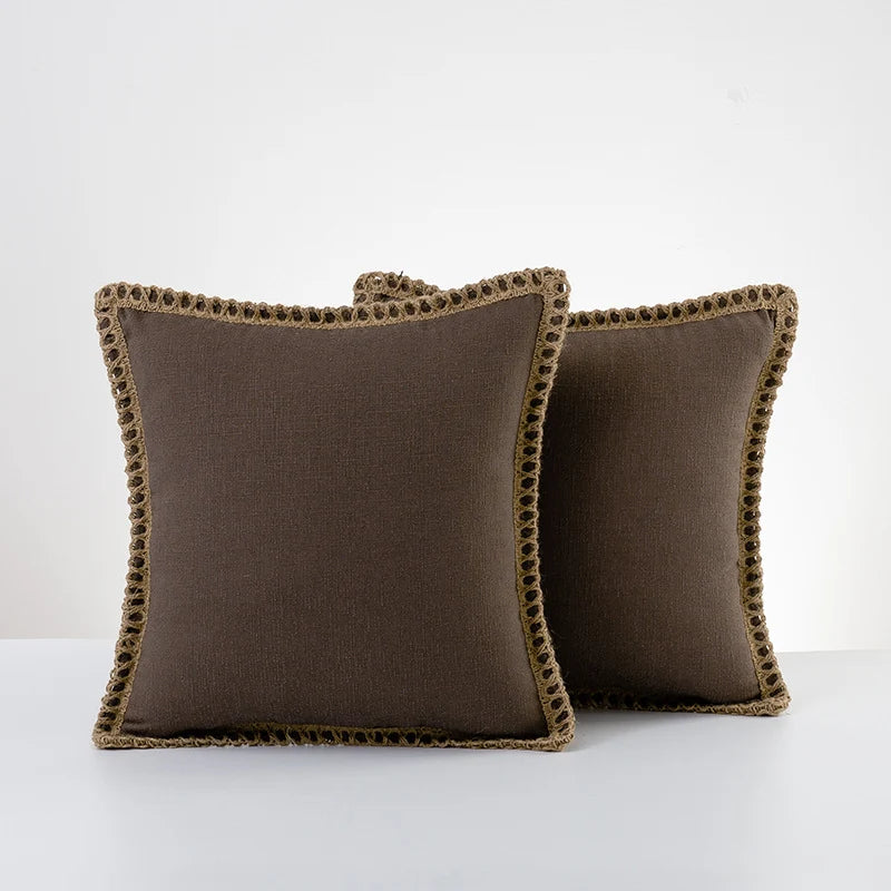 Throw Pillow Pair Linen-Look Braided Fringe Plush Fill
