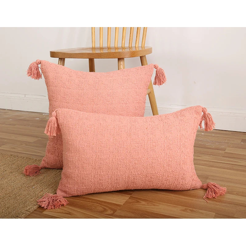 Throw Pillow Set Chenille Texture Tassels Removable Covers