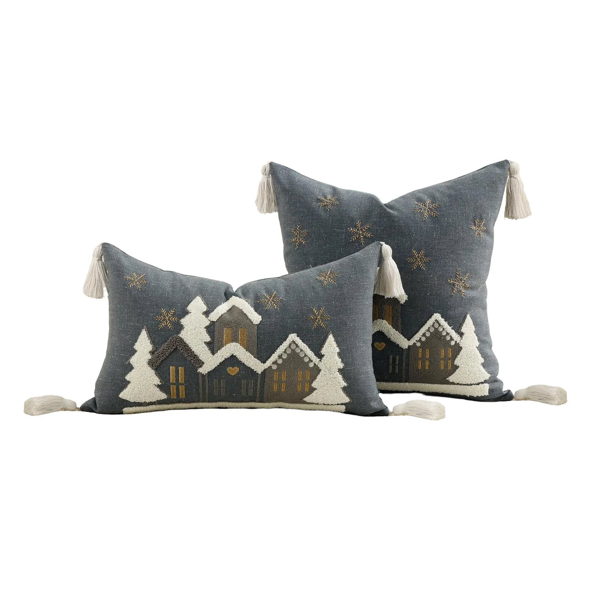 Throw Pillow Set Embroidered Snowy Village Faux-Shearling
