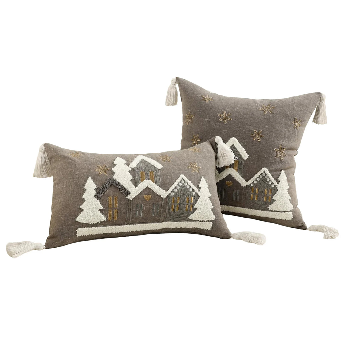 Throw Pillow Set Embroidered Snowy Village Faux-Shearling